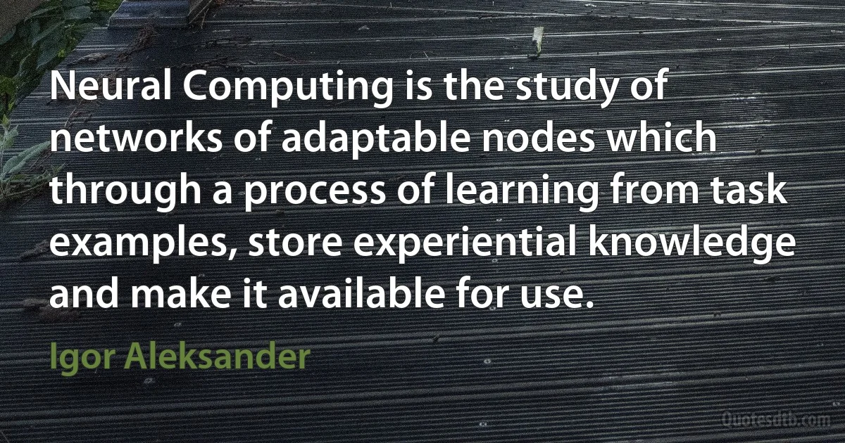 Neural Computing is the study of networks of adaptable nodes which through a process of learning from task examples, store experiential knowledge and make it available for use. (Igor Aleksander)