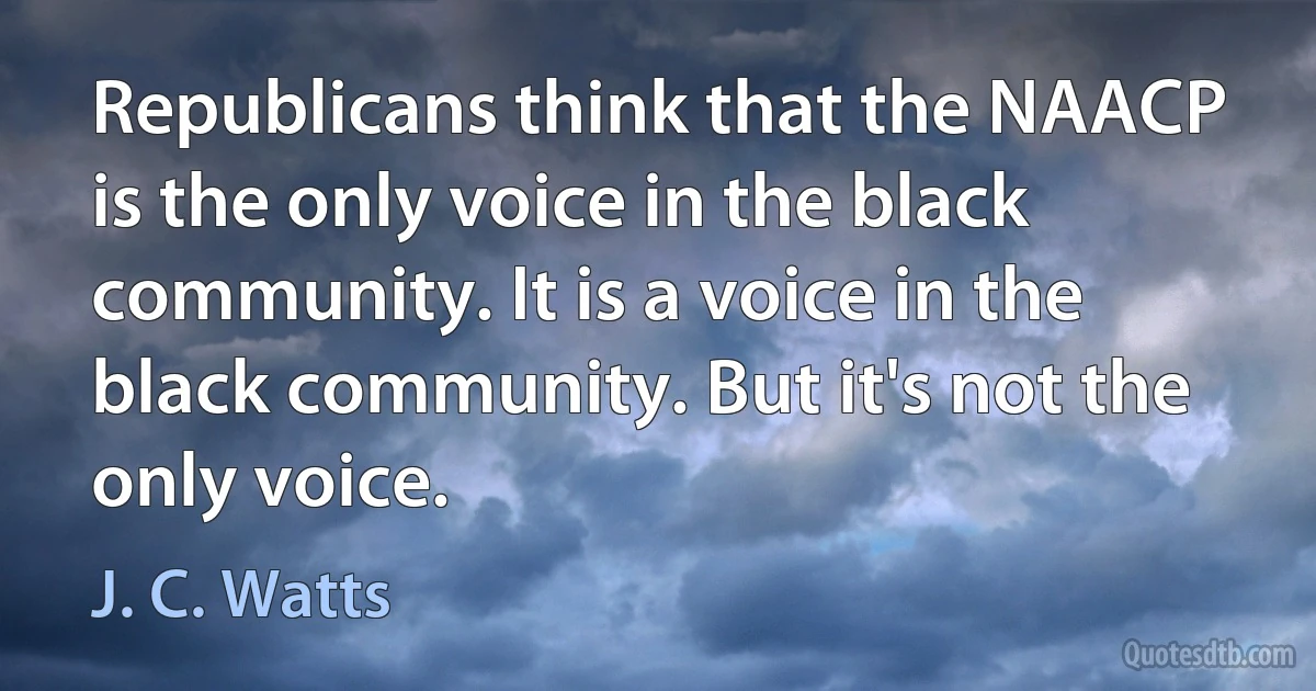 Republicans think that the NAACP is the only voice in the black community. It is a voice in the black community. But it's not the only voice. (J. C. Watts)