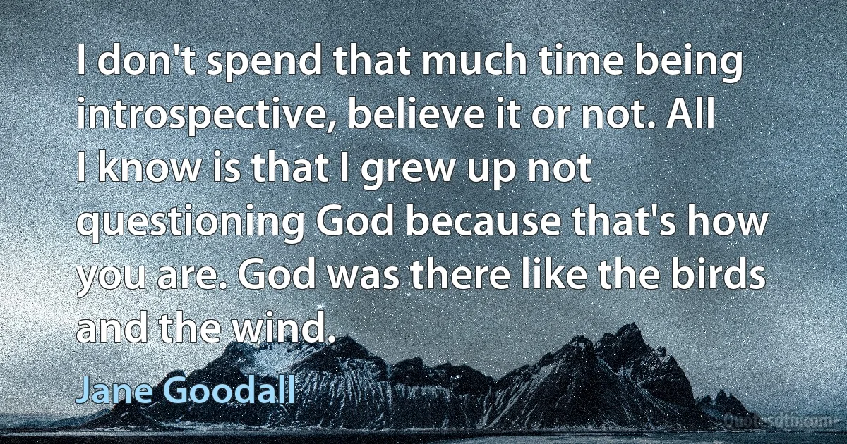 I don't spend that much time being introspective, believe it or not. All I know is that I grew up not questioning God because that's how you are. God was there like the birds and the wind. (Jane Goodall)