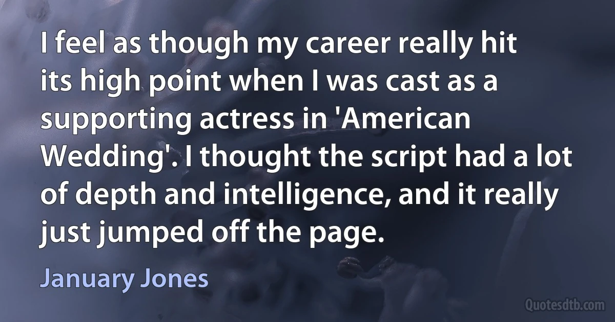 I feel as though my career really hit its high point when I was cast as a supporting actress in 'American Wedding'. I thought the script had a lot of depth and intelligence, and it really just jumped off the page. (January Jones)