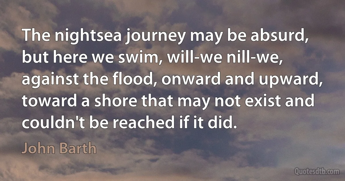 The nightsea journey may be absurd, but here we swim, will-we nill-we, against the flood, onward and upward, toward a shore that may not exist and couldn't be reached if it did. (John Barth)