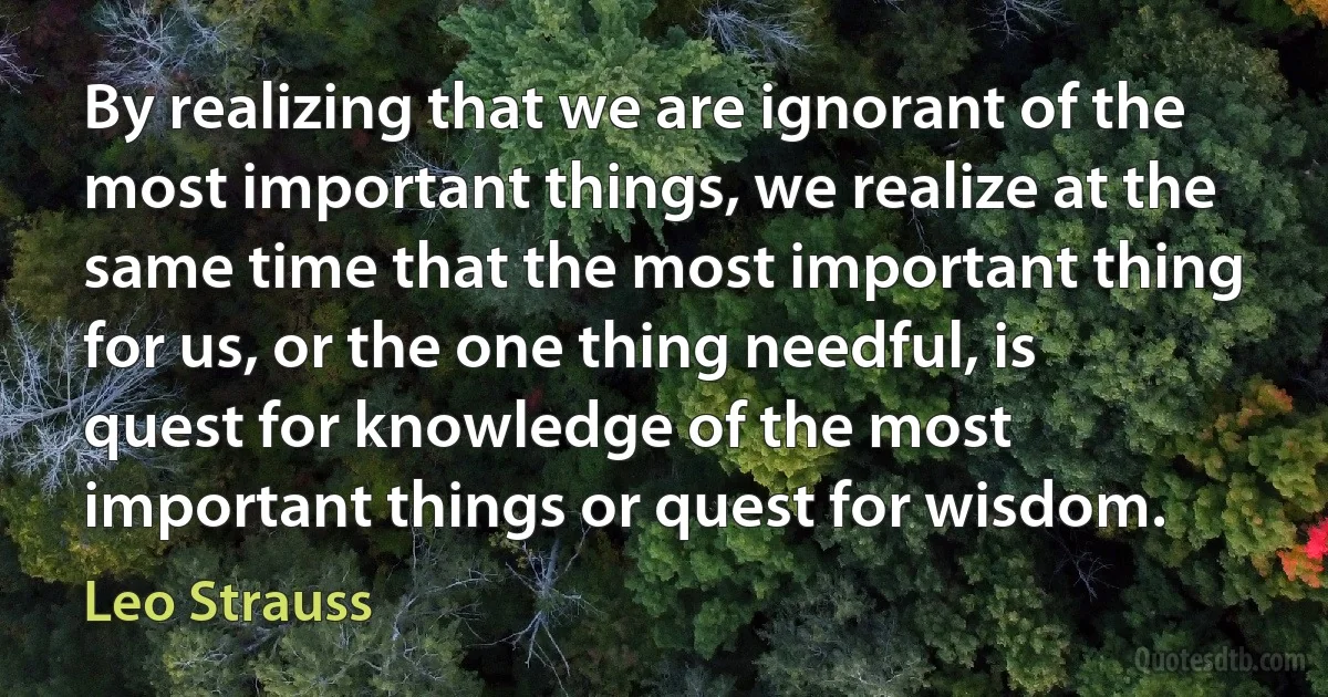 By realizing that we are ignorant of the most important things, we realize at the same time that the most important thing for us, or the one thing needful, is quest for knowledge of the most important things or quest for wisdom. (Leo Strauss)