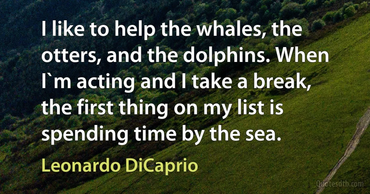 I like to help the whales, the otters, and the dolphins. When I`m acting and I take a break, the first thing on my list is spending time by the sea. (Leonardo DiCaprio)