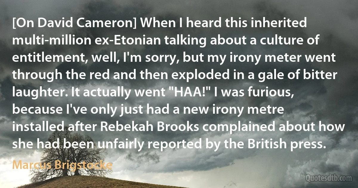 [On David Cameron] When I heard this inherited multi-million ex-Etonian talking about a culture of entitlement, well, I'm sorry, but my irony meter went through the red and then exploded in a gale of bitter laughter. It actually went "HAA!" I was furious, because I've only just had a new irony metre installed after Rebekah Brooks complained about how she had been unfairly reported by the British press. (Marcus Brigstocke)