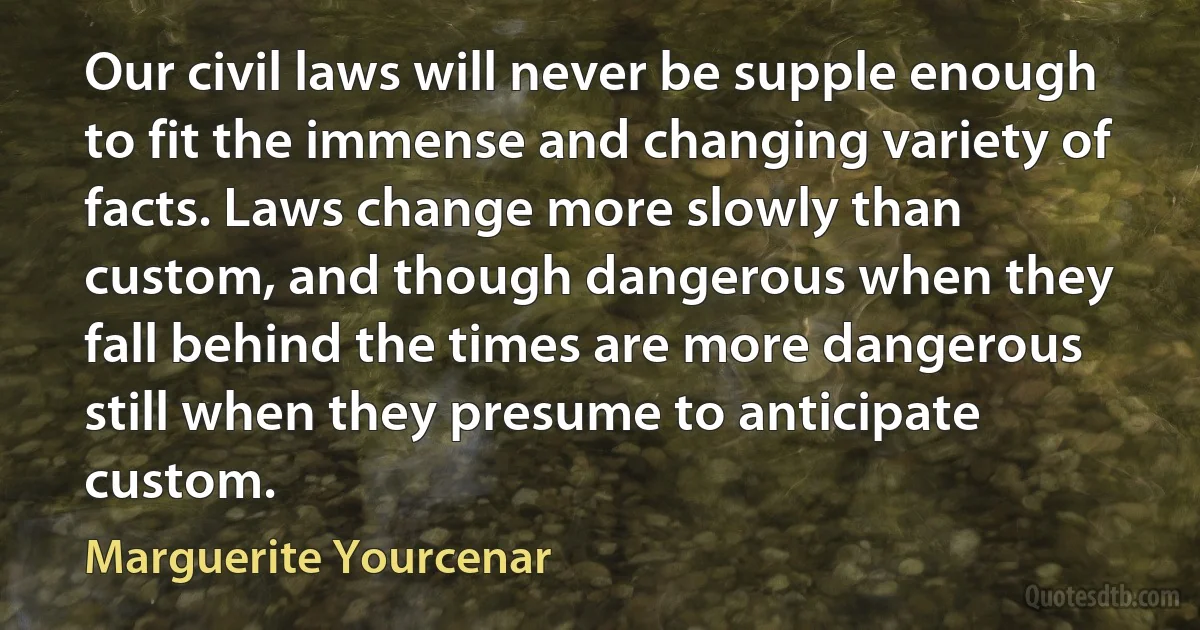 Our civil laws will never be supple enough to fit the immense and changing variety of facts. Laws change more slowly than custom, and though dangerous when they fall behind the times are more dangerous still when they presume to anticipate custom. (Marguerite Yourcenar)