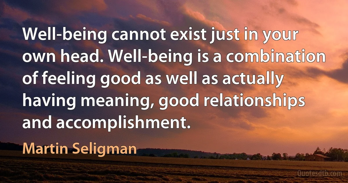 Well-being cannot exist just in your own head. Well-being is a combination of feeling good as well as actually having meaning, good relationships and accomplishment. (Martin Seligman)