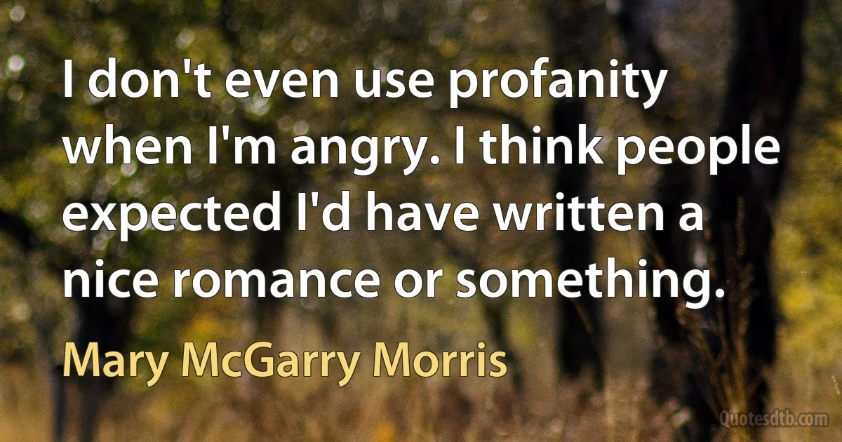 I don't even use profanity when I'm angry. I think people expected I'd have written a nice romance or something. (Mary McGarry Morris)