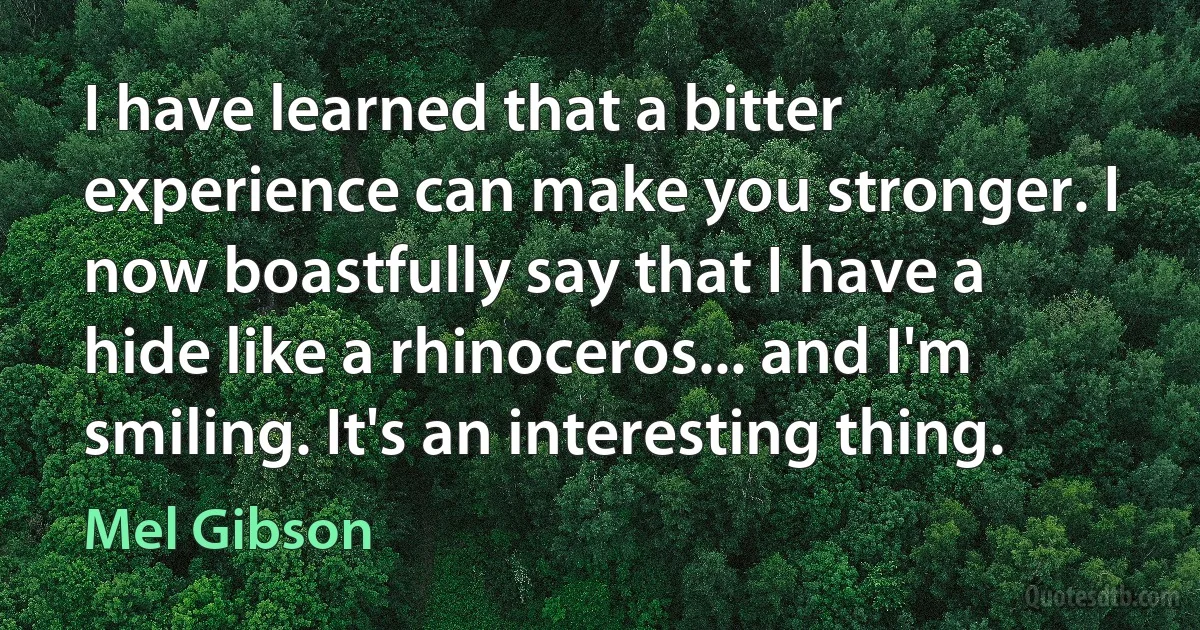 I have learned that a bitter experience can make you stronger. I now boastfully say that I have a hide like a rhinoceros... and I'm smiling. It's an interesting thing. (Mel Gibson)