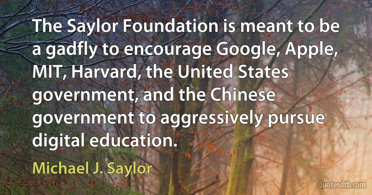 The Saylor Foundation is meant to be a gadfly to encourage Google, Apple, MIT, Harvard, the United States government, and the Chinese government to aggressively pursue digital education. (Michael J. Saylor)