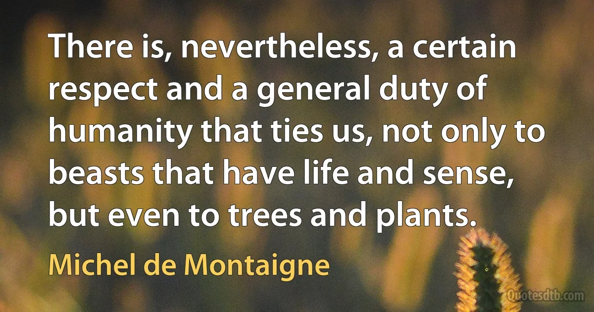 There is, nevertheless, a certain respect and a general duty of humanity that ties us, not only to beasts that have life and sense, but even to trees and plants. (Michel de Montaigne)