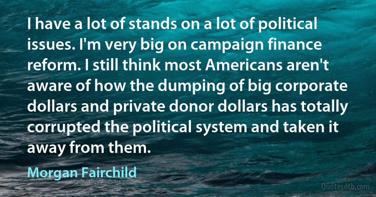 I have a lot of stands on a lot of political issues. I'm very big on campaign finance reform. I still think most Americans aren't aware of how the dumping of big corporate dollars and private donor dollars has totally corrupted the political system and taken it away from them. (Morgan Fairchild)