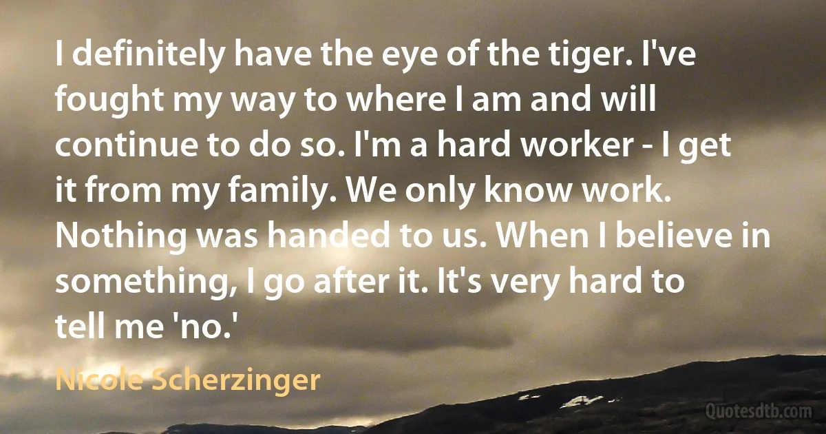 I definitely have the eye of the tiger. I've fought my way to where I am and will continue to do so. I'm a hard worker - I get it from my family. We only know work. Nothing was handed to us. When I believe in something, I go after it. It's very hard to tell me 'no.' (Nicole Scherzinger)