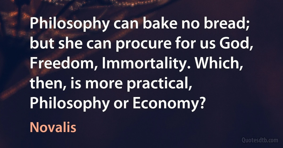 Philosophy can bake no bread; but she can procure for us God, Freedom, Immortality. Which, then, is more practical, Philosophy or Economy? (Novalis)