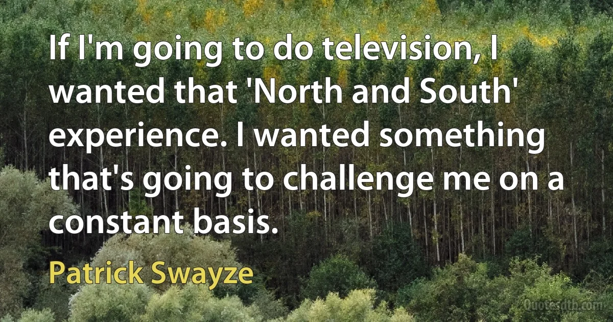 If I'm going to do television, I wanted that 'North and South' experience. I wanted something that's going to challenge me on a constant basis. (Patrick Swayze)