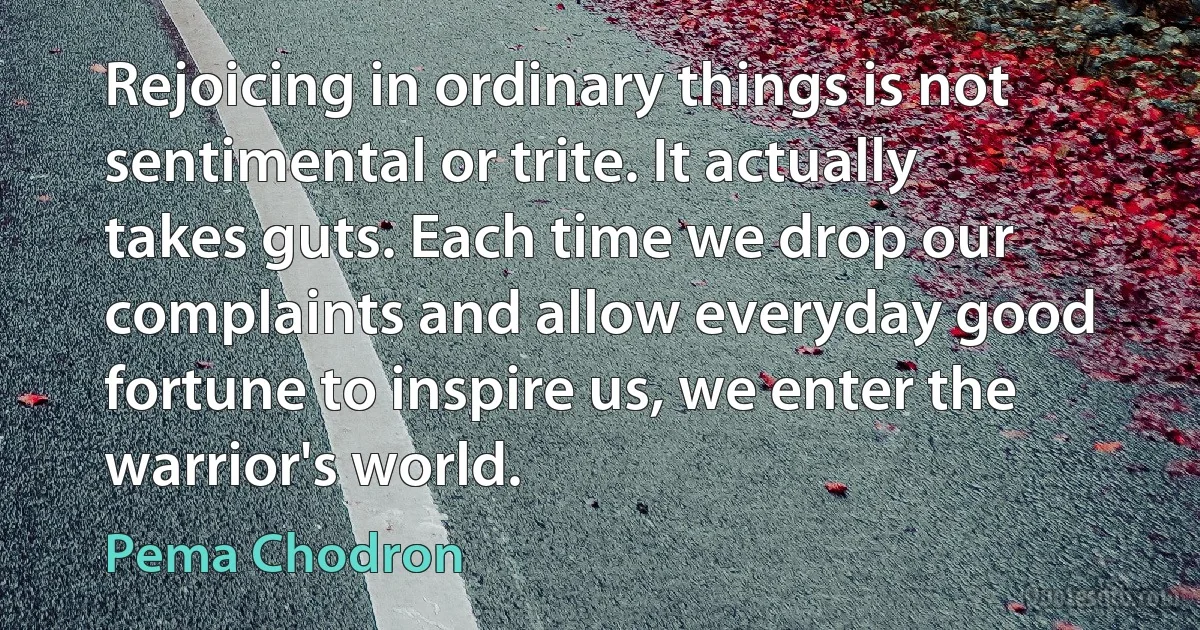 Rejoicing in ordinary things is not sentimental or trite. It actually takes guts. Each time we drop our complaints and allow everyday good fortune to inspire us, we enter the warrior's world. (Pema Chodron)