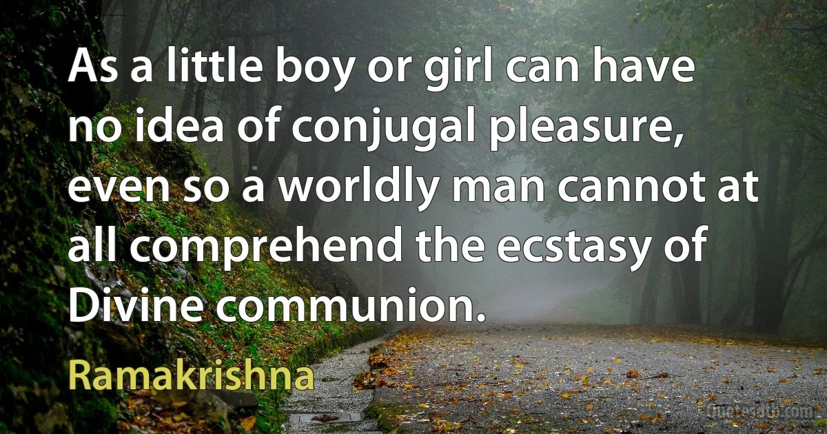 As a little boy or girl can have no idea of conjugal pleasure, even so a worldly man cannot at all comprehend the ecstasy of Divine communion. (Ramakrishna)