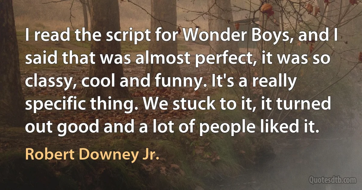 I read the script for Wonder Boys, and I said that was almost perfect, it was so classy, cool and funny. It's a really specific thing. We stuck to it, it turned out good and a lot of people liked it. (Robert Downey Jr.)