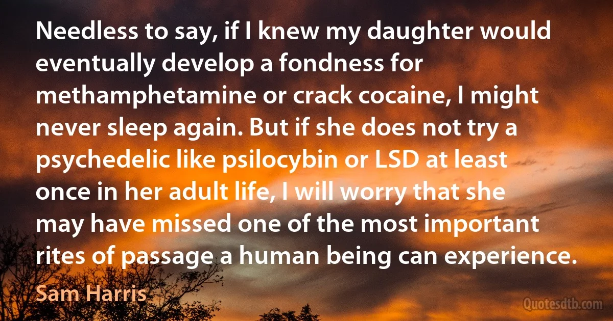 Needless to say, if I knew my daughter would eventually develop a fondness for methamphetamine or crack cocaine, I might never sleep again. But if she does not try a psychedelic like psilocybin or LSD at least once in her adult life, I will worry that she may have missed one of the most important rites of passage a human being can experience. (Sam Harris)