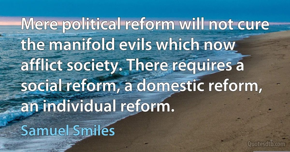 Mere political reform will not cure the manifold evils which now afflict society. There requires a social reform, a domestic reform, an individual reform. (Samuel Smiles)