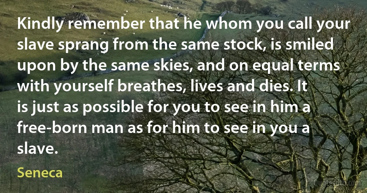 Kindly remember that he whom you call your slave sprang from the same stock, is smiled upon by the same skies, and on equal terms with yourself breathes, lives and dies. It is just as possible for you to see in him a free-born man as for him to see in you a slave. (Seneca)