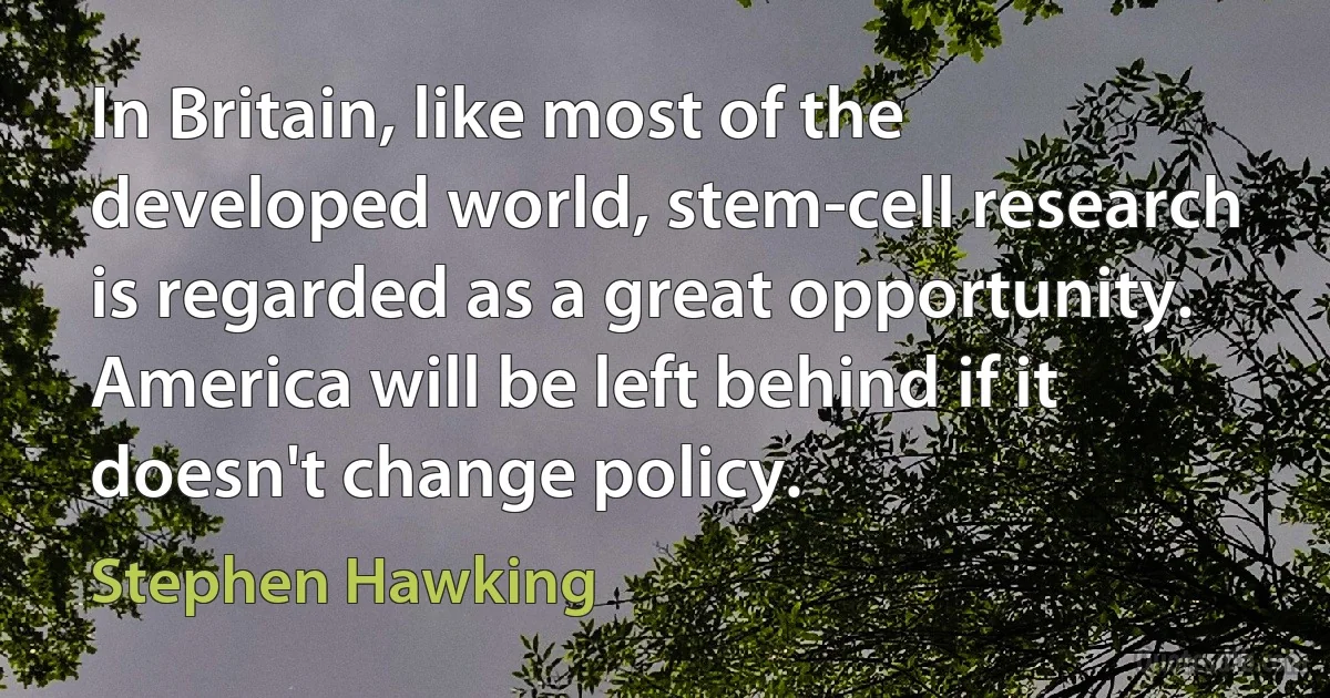 In Britain, like most of the developed world, stem-cell research is regarded as a great opportunity. America will be left behind if it doesn't change policy. (Stephen Hawking)