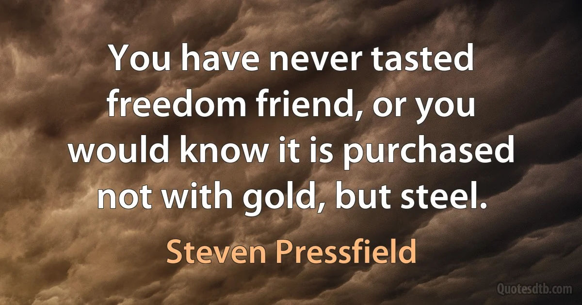 You have never tasted freedom friend, or you would know it is purchased not with gold, but steel. (Steven Pressfield)