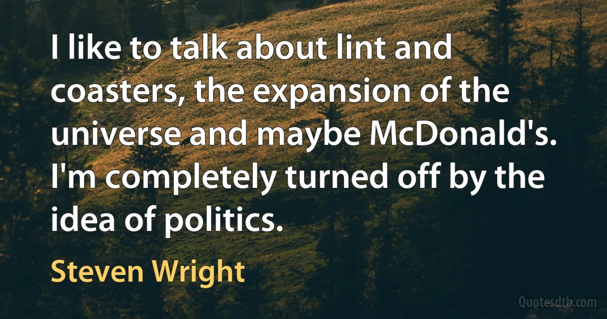 I like to talk about lint and coasters, the expansion of the universe and maybe McDonald's. I'm completely turned off by the idea of politics. (Steven Wright)