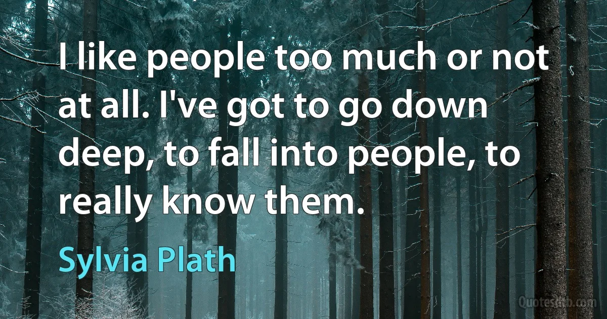 I like people too much or not at all. I've got to go down deep, to fall into people, to really know them. (Sylvia Plath)