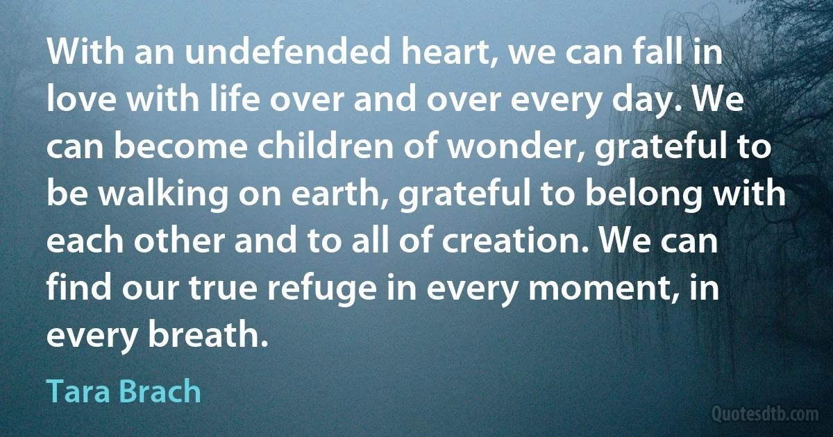 With an undefended heart, we can fall in love with life over and over every day. We can become children of wonder, grateful to be walking on earth, grateful to belong with each other and to all of creation. We can find our true refuge in every moment, in every breath. (Tara Brach)