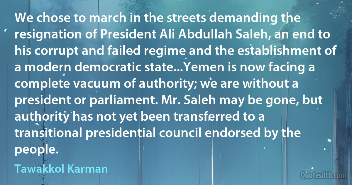 We chose to march in the streets demanding the resignation of President Ali Abdullah Saleh, an end to his corrupt and failed regime and the establishment of a modern democratic state...Yemen is now facing a complete vacuum of authority; we are without a president or parliament. Mr. Saleh may be gone, but authority has not yet been transferred to a transitional presidential council endorsed by the people. (Tawakkol Karman)