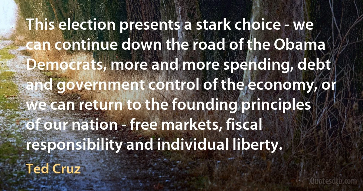 This election presents a stark choice - we can continue down the road of the Obama Democrats, more and more spending, debt and government control of the economy, or we can return to the founding principles of our nation - free markets, fiscal responsibility and individual liberty. (Ted Cruz)