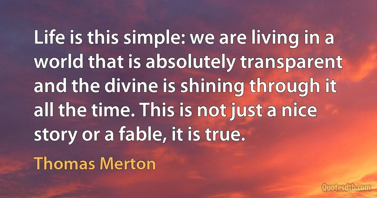 Life is this simple: we are living in a world that is absolutely transparent and the divine is shining through it all the time. This is not just a nice story or a fable, it is true. (Thomas Merton)