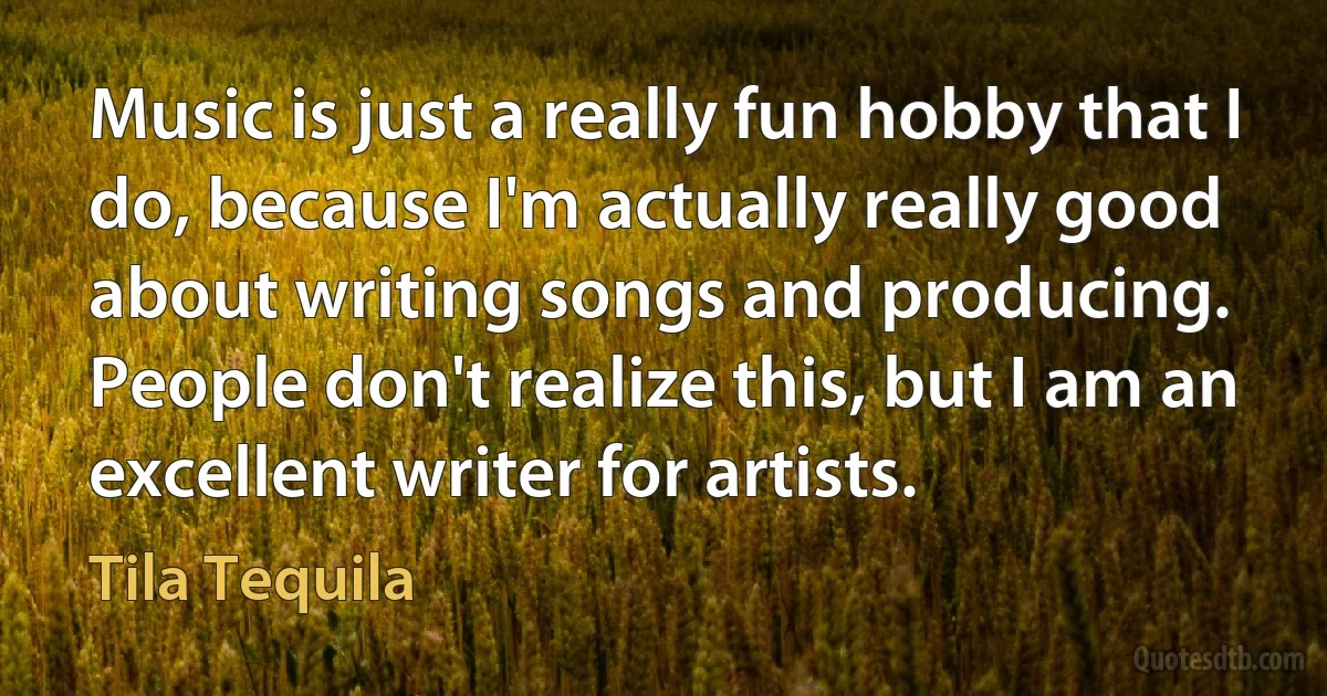 Music is just a really fun hobby that I do, because I'm actually really good about writing songs and producing. People don't realize this, but I am an excellent writer for artists. (Tila Tequila)