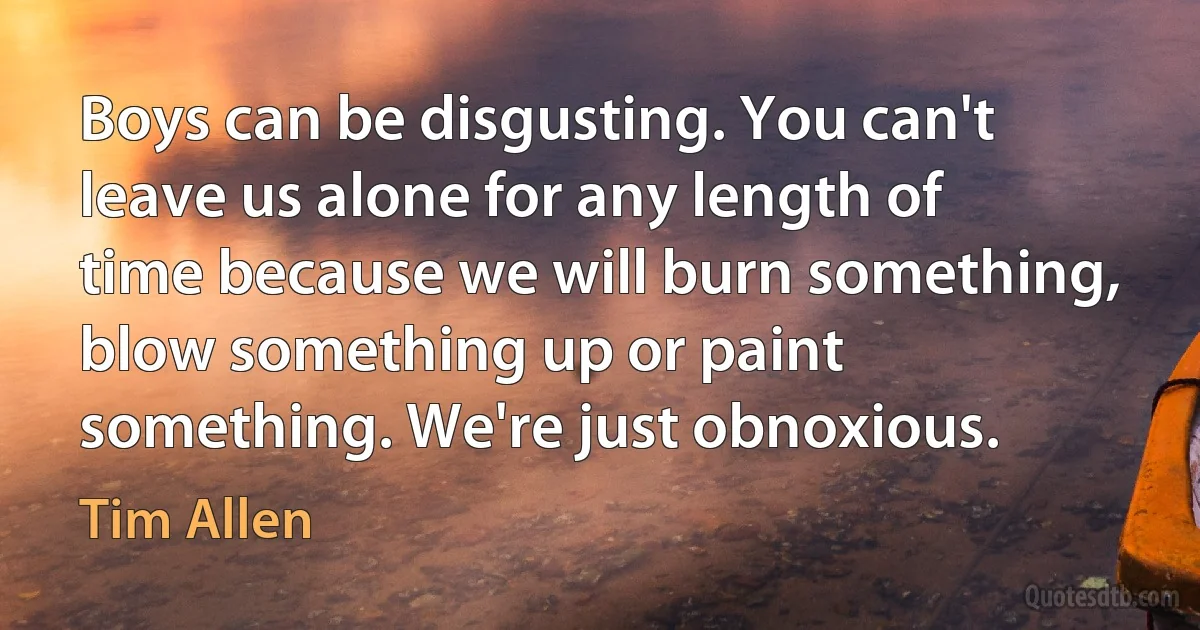 Boys can be disgusting. You can't leave us alone for any length of time because we will burn something, blow something up or paint something. We're just obnoxious. (Tim Allen)