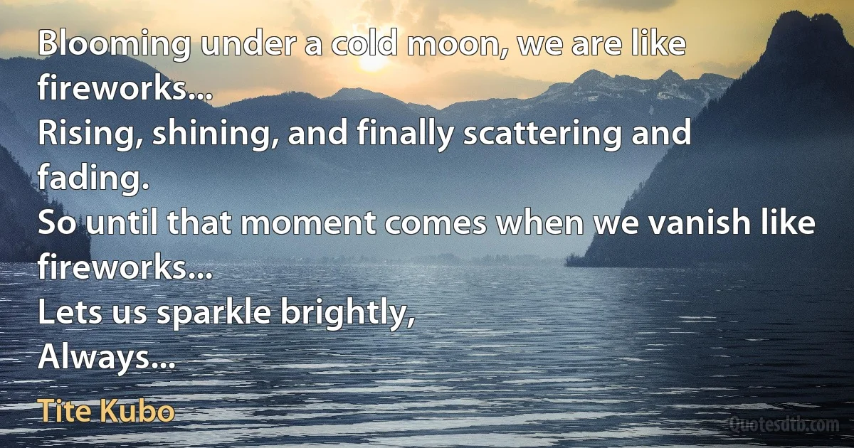 Blooming under a cold moon, we are like fireworks...
Rising, shining, and finally scattering and fading.
So until that moment comes when we vanish like fireworks...
Lets us sparkle brightly,
Always... (Tite Kubo)