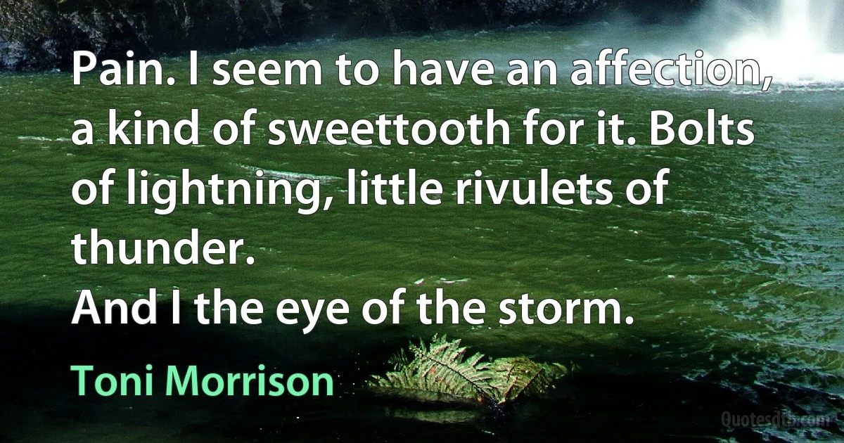 Pain. I seem to have an affection, a kind of sweettooth for it. Bolts of lightning, little rivulets of thunder.
And I the eye of the storm. (Toni Morrison)