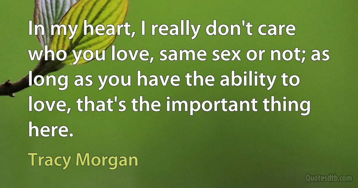 In my heart, I really don't care who you love, same sex or not; as long as you have the ability to love, that's the important thing here. (Tracy Morgan)