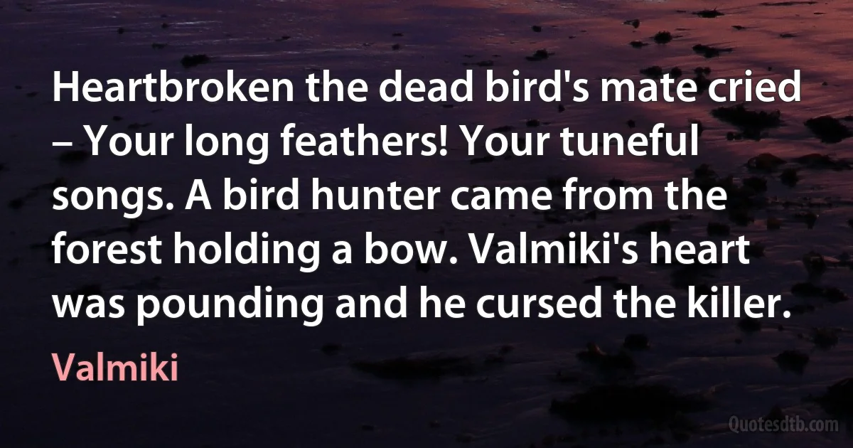 Heartbroken the dead bird's mate cried – Your long feathers! Your tuneful songs. A bird hunter came from the forest holding a bow. Valmiki's heart was pounding and he cursed the killer. (Valmiki)