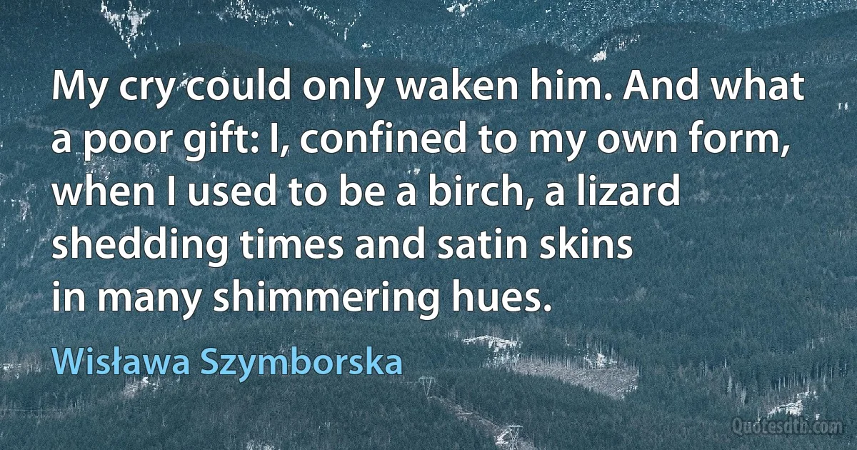 My cry could only waken him. And what
a poor gift: I, confined to my own form,
when I used to be a birch, a lizard
shedding times and satin skins
in many shimmering hues. (Wisława Szymborska)