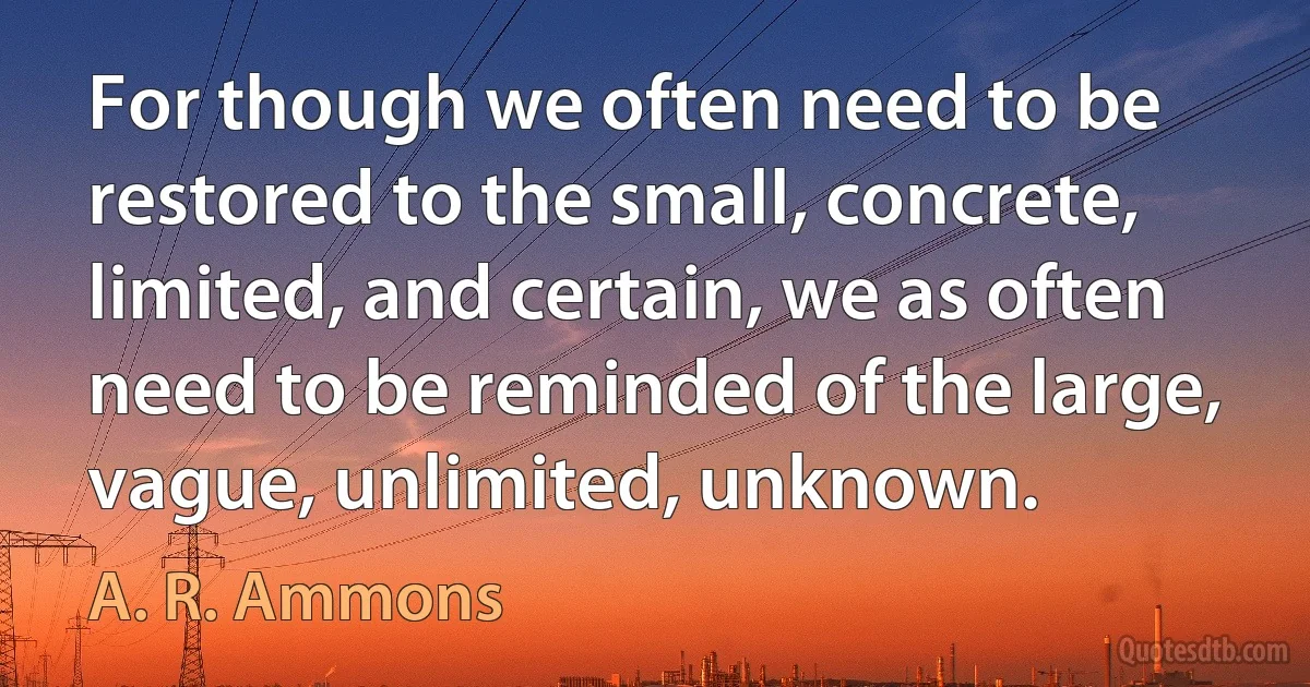 For though we often need to be restored to the small, concrete, limited, and certain, we as often need to be reminded of the large, vague, unlimited, unknown. (A. R. Ammons)