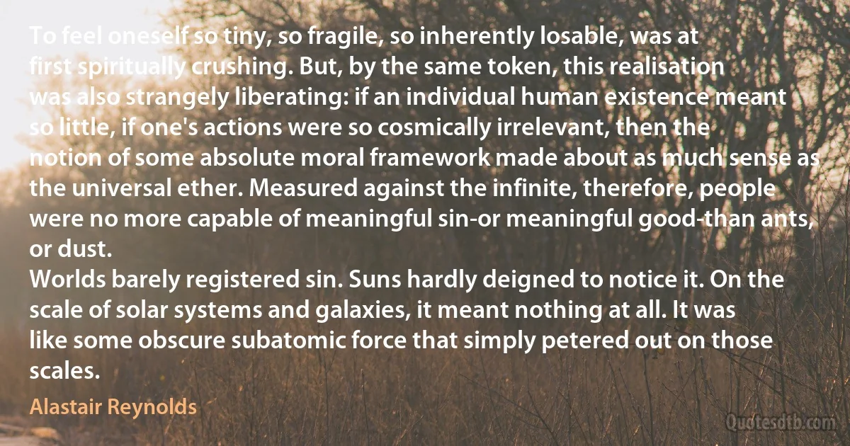 To feel oneself so tiny, so fragile, so inherently losable, was at first spiritually crushing. But, by the same token, this realisation was also strangely liberating: if an individual human existence meant so little, if one's actions were so cosmically irrelevant, then the notion of some absolute moral framework made about as much sense as the universal ether. Measured against the infinite, therefore, people were no more capable of meaningful sin-or meaningful good-than ants, or dust.
Worlds barely registered sin. Suns hardly deigned to notice it. On the scale of solar systems and galaxies, it meant nothing at all. It was like some obscure subatomic force that simply petered out on those scales. (Alastair Reynolds)