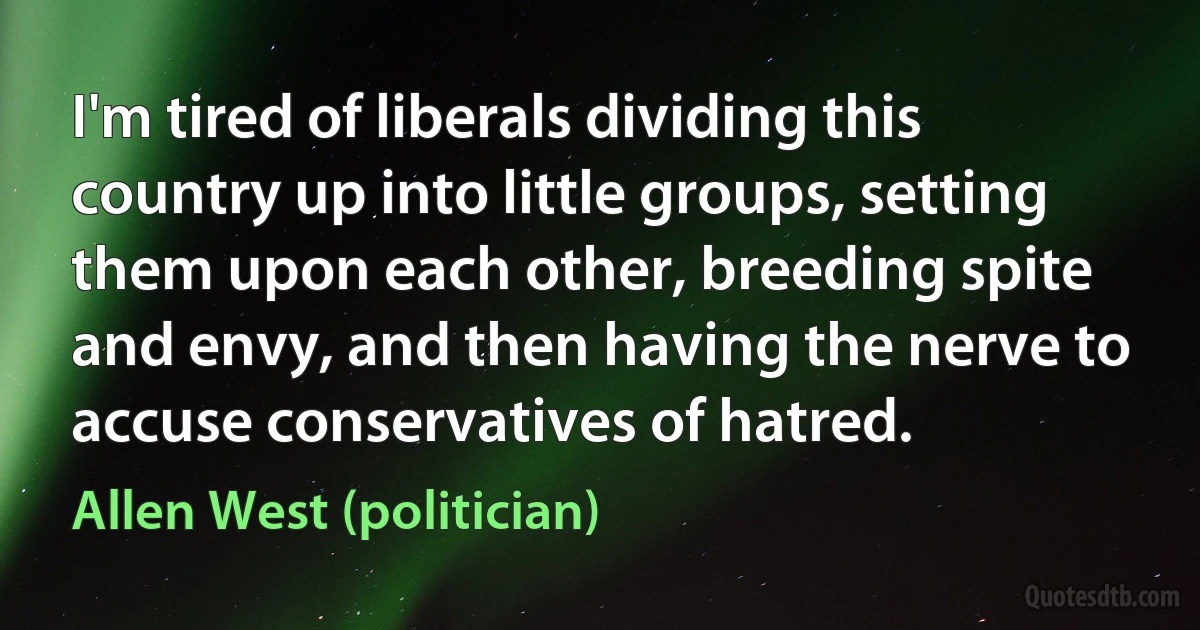 I'm tired of liberals dividing this country up into little groups, setting them upon each other, breeding spite and envy, and then having the nerve to accuse conservatives of hatred. (Allen West (politician))