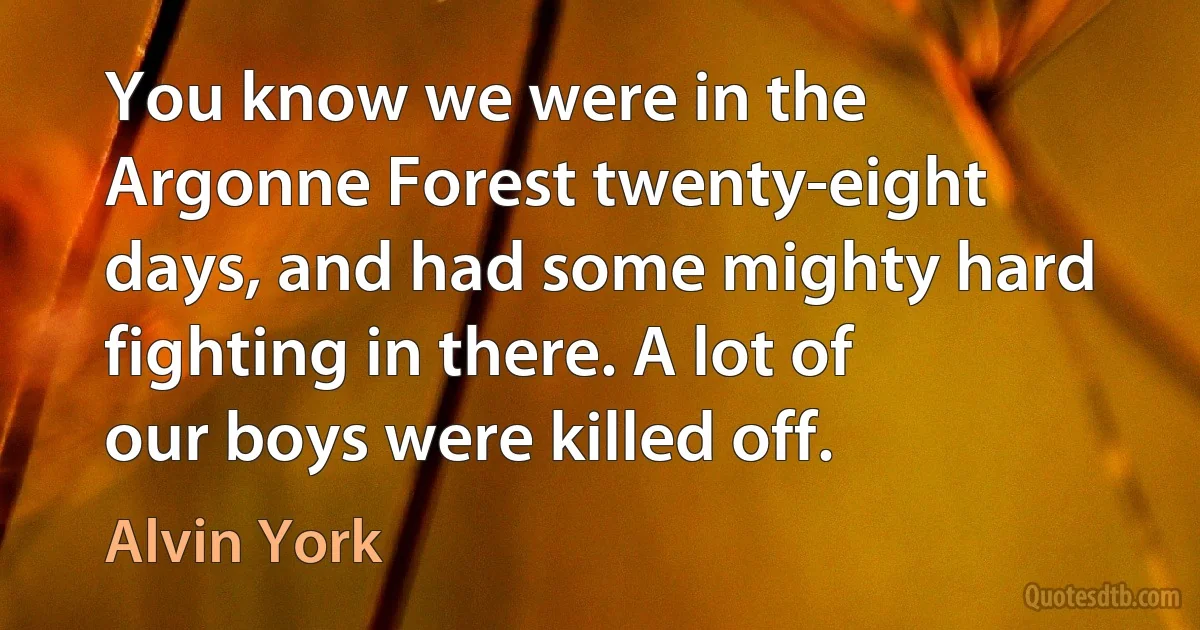 You know we were in the Argonne Forest twenty-eight days, and had some mighty hard fighting in there. A lot of our boys were killed off. (Alvin York)