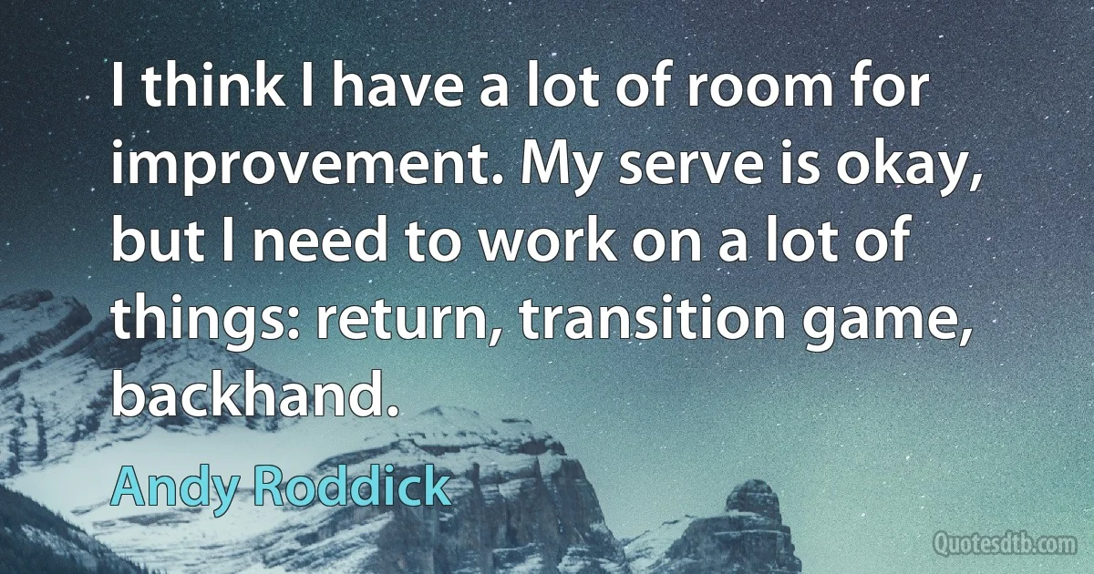 I think I have a lot of room for improvement. My serve is okay, but I need to work on a lot of things: return, transition game, backhand. (Andy Roddick)