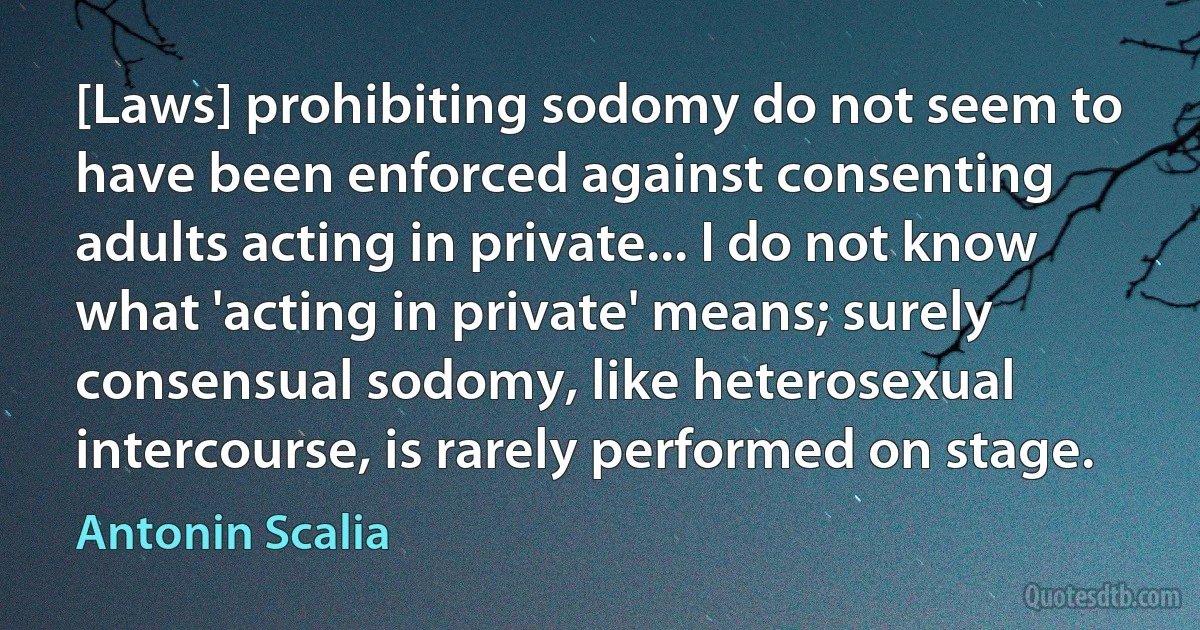 [Laws] prohibiting sodomy do not seem to have been enforced against consenting adults acting in private... I do not know what 'acting in private' means; surely consensual sodomy, like heterosexual intercourse, is rarely performed on stage. (Antonin Scalia)