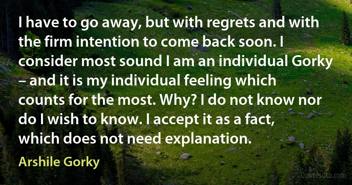 I have to go away, but with regrets and with the firm intention to come back soon. I consider most sound I am an individual Gorky – and it is my individual feeling which counts for the most. Why? I do not know nor do I wish to know. I accept it as a fact, which does not need explanation. (Arshile Gorky)