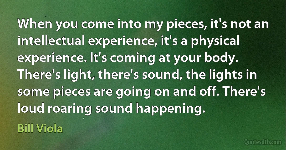 When you come into my pieces, it's not an intellectual experience, it's a physical experience. It's coming at your body. There's light, there's sound, the lights in some pieces are going on and off. There's loud roaring sound happening. (Bill Viola)