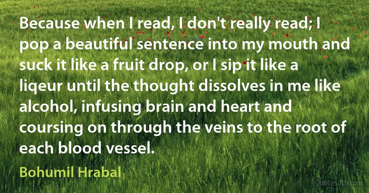 Because when I read, I don't really read; I pop a beautiful sentence into my mouth and suck it like a fruit drop, or I sip it like a liqeur until the thought dissolves in me like alcohol, infusing brain and heart and coursing on through the veins to the root of each blood vessel. (Bohumil Hrabal)