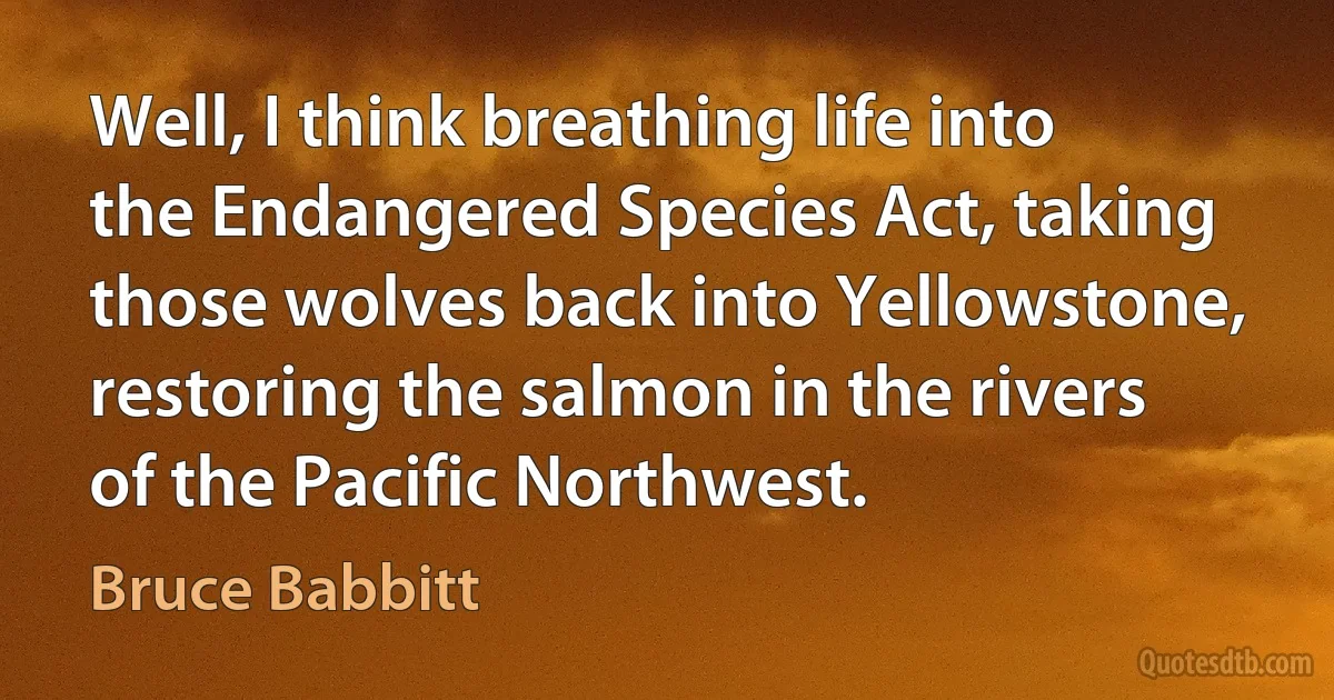 Well, I think breathing life into the Endangered Species Act, taking those wolves back into Yellowstone, restoring the salmon in the rivers of the Pacific Northwest. (Bruce Babbitt)