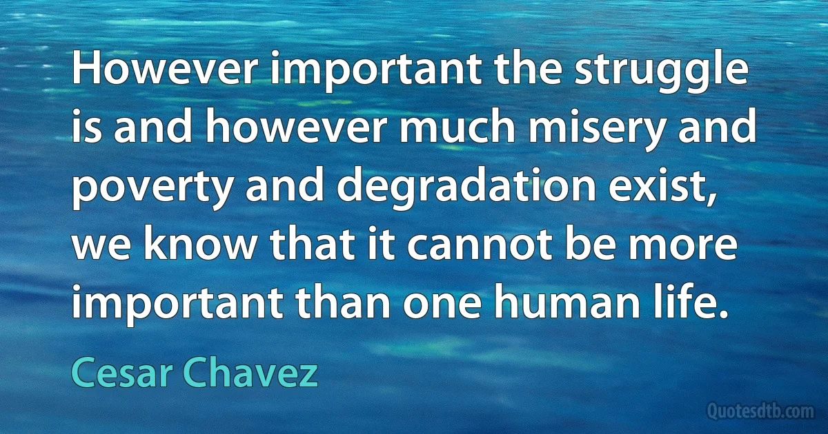 However important the struggle is and however much misery and poverty and degradation exist, we know that it cannot be more important than one human life. (Cesar Chavez)